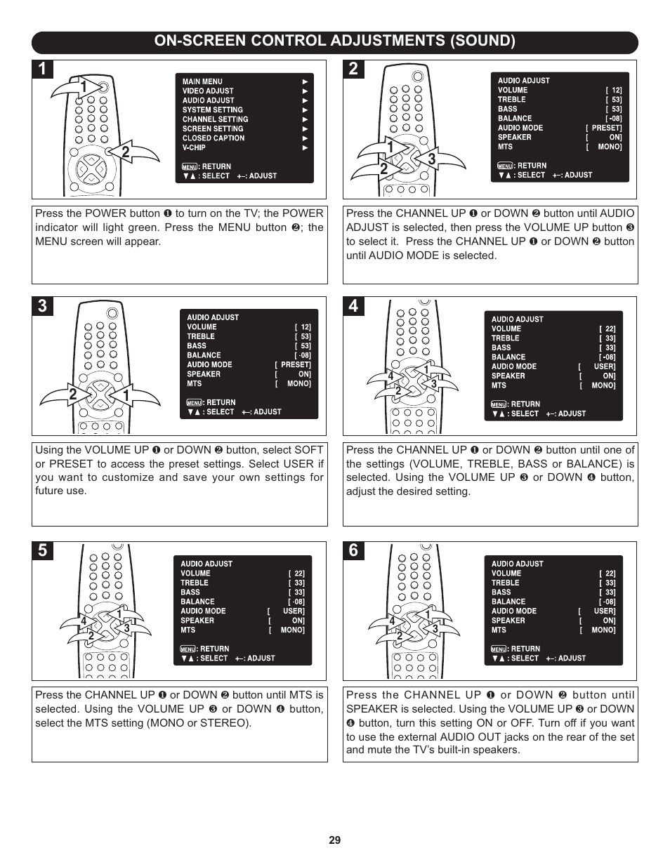 On-screen control adjustments (sound) | Memorex MT3010OM User Manual | Page 30 / 42