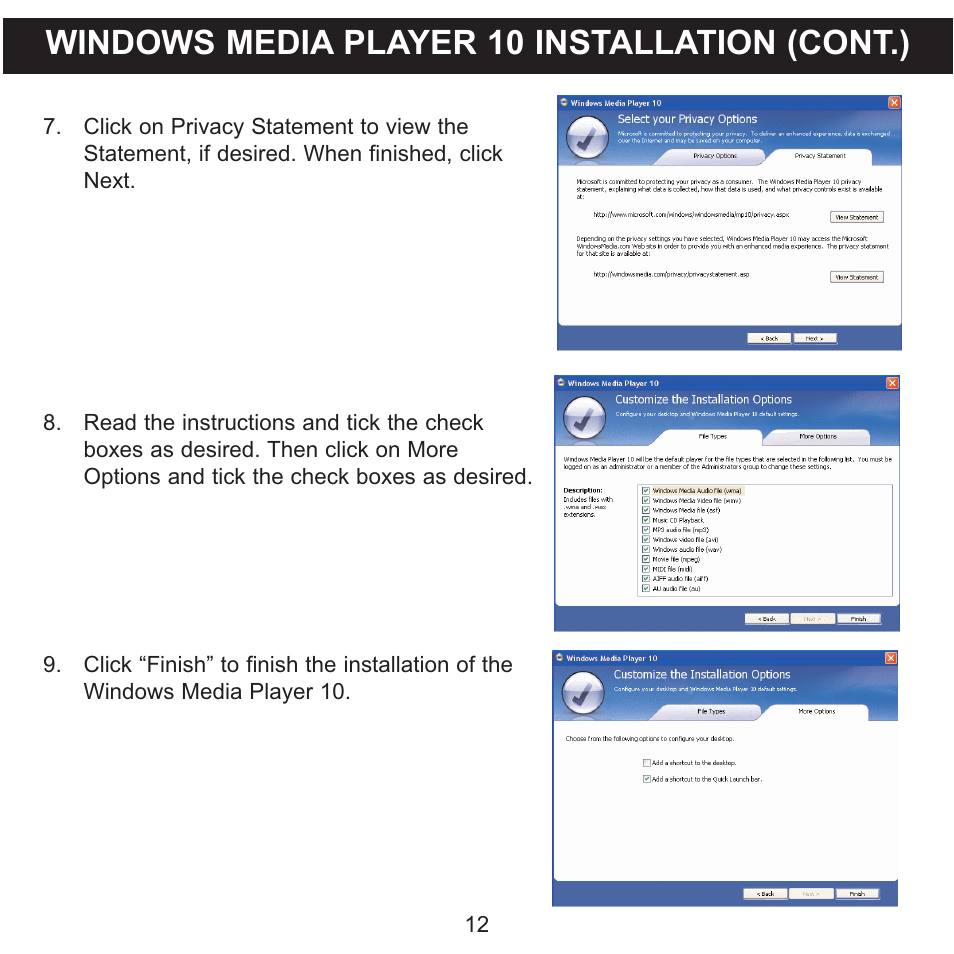 Windows media player 10 installation (cont.) | Memorex MMP8565 User Manual | Page 13 / 36
