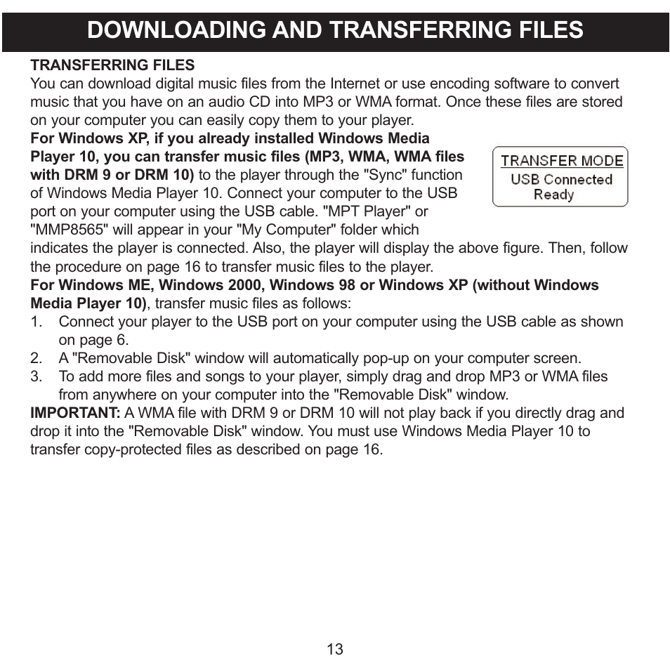 Downloading and transferring files | Memorex MMP8565 User Manual | Page 14 / 36