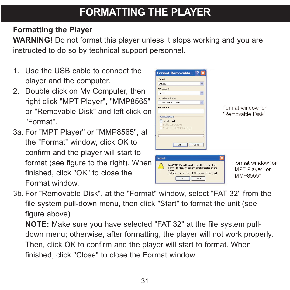 Formatting the player | Memorex MMP8565 User Manual | Page 32 / 36