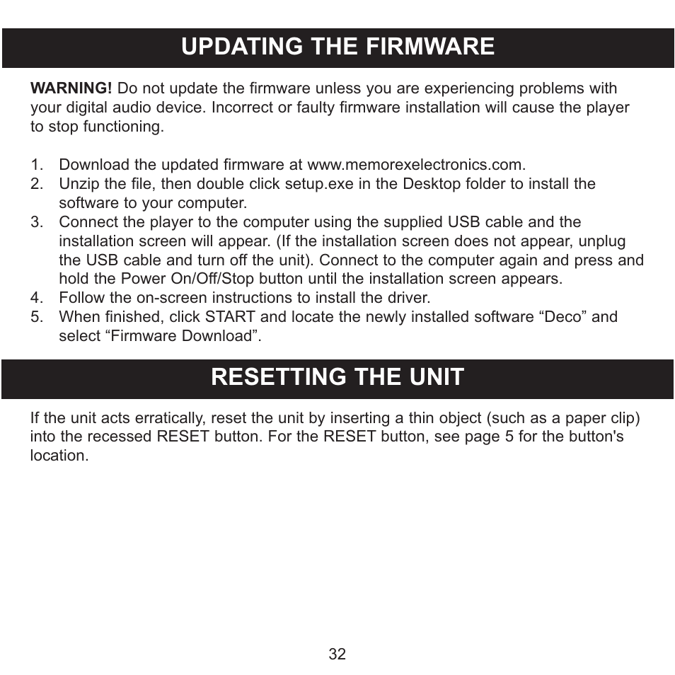 Updating the firmware, Resetting the unit | Memorex MMP8565 User Manual | Page 33 / 36