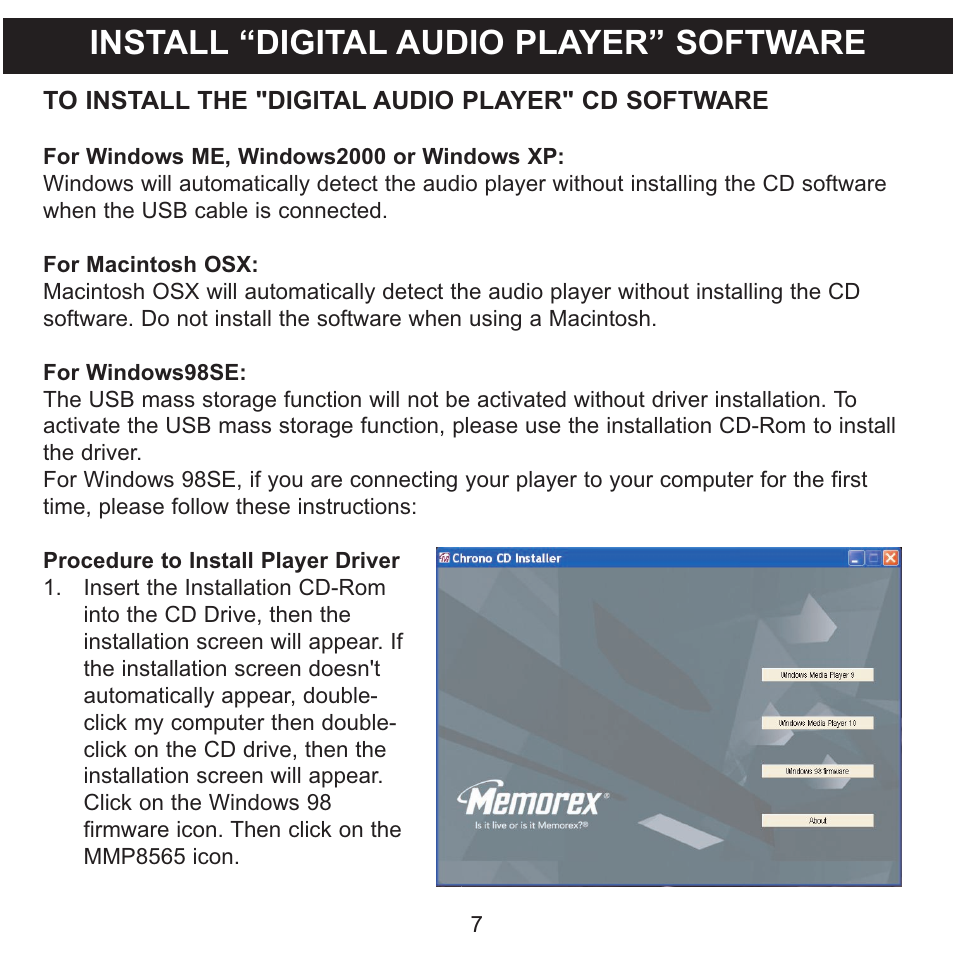Install “digital audio player” software | Memorex MMP8565 User Manual | Page 8 / 36