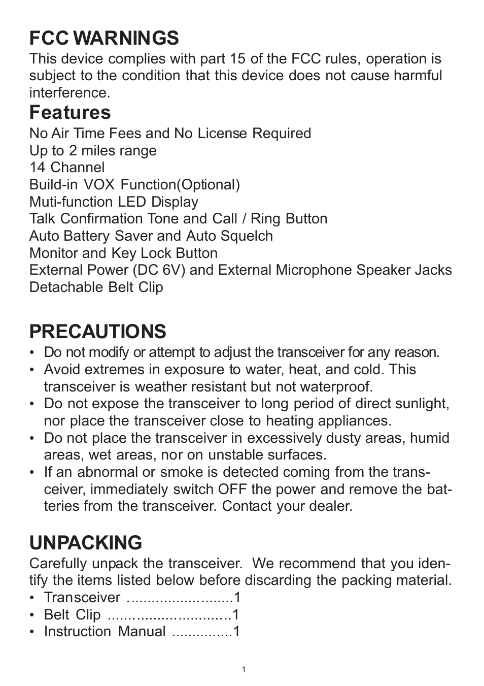 Precautions, Unpacking, Fcc warnings | Features | Memorex MK1700A User Manual | Page 3 / 10