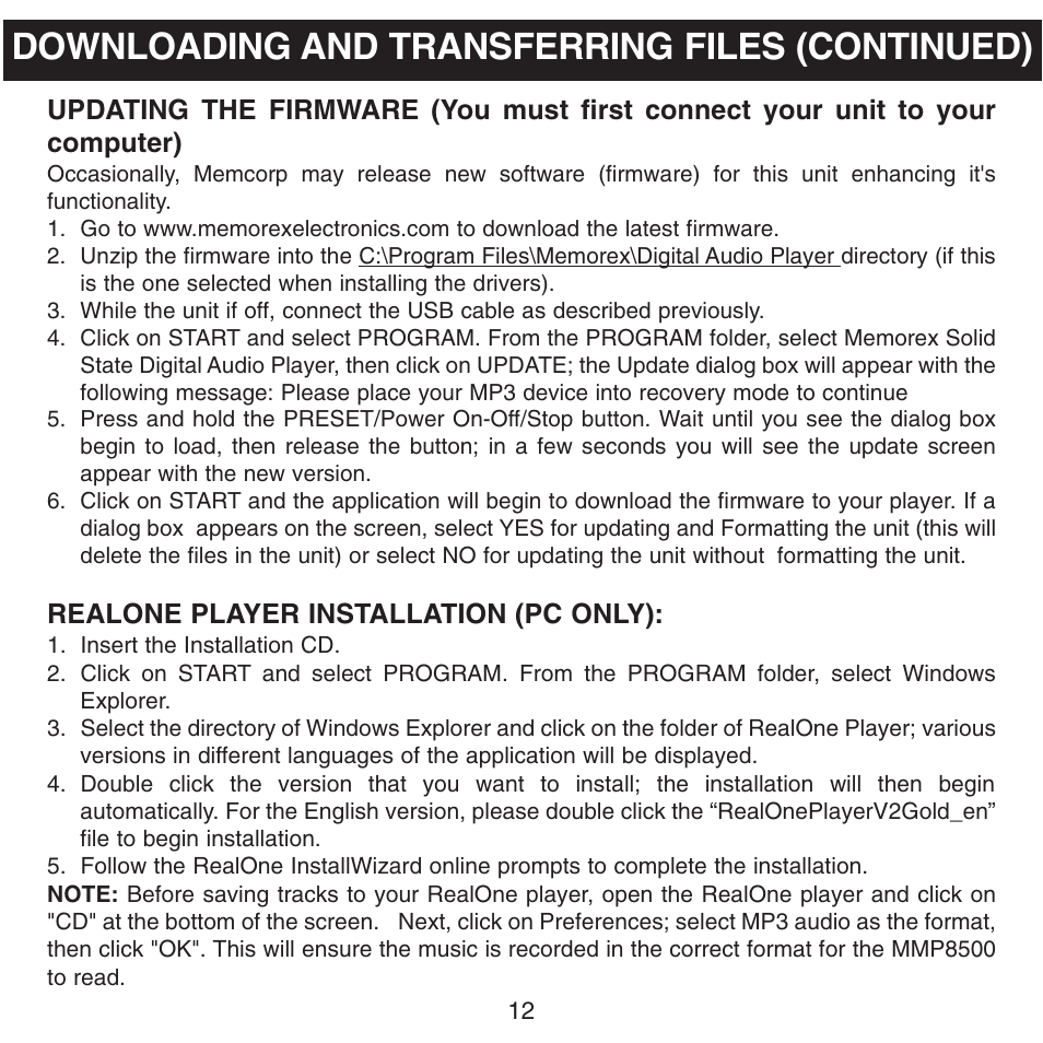 Downloading and transferring files (continued) | Memorex MMP8500 User Manual | Page 13 / 32