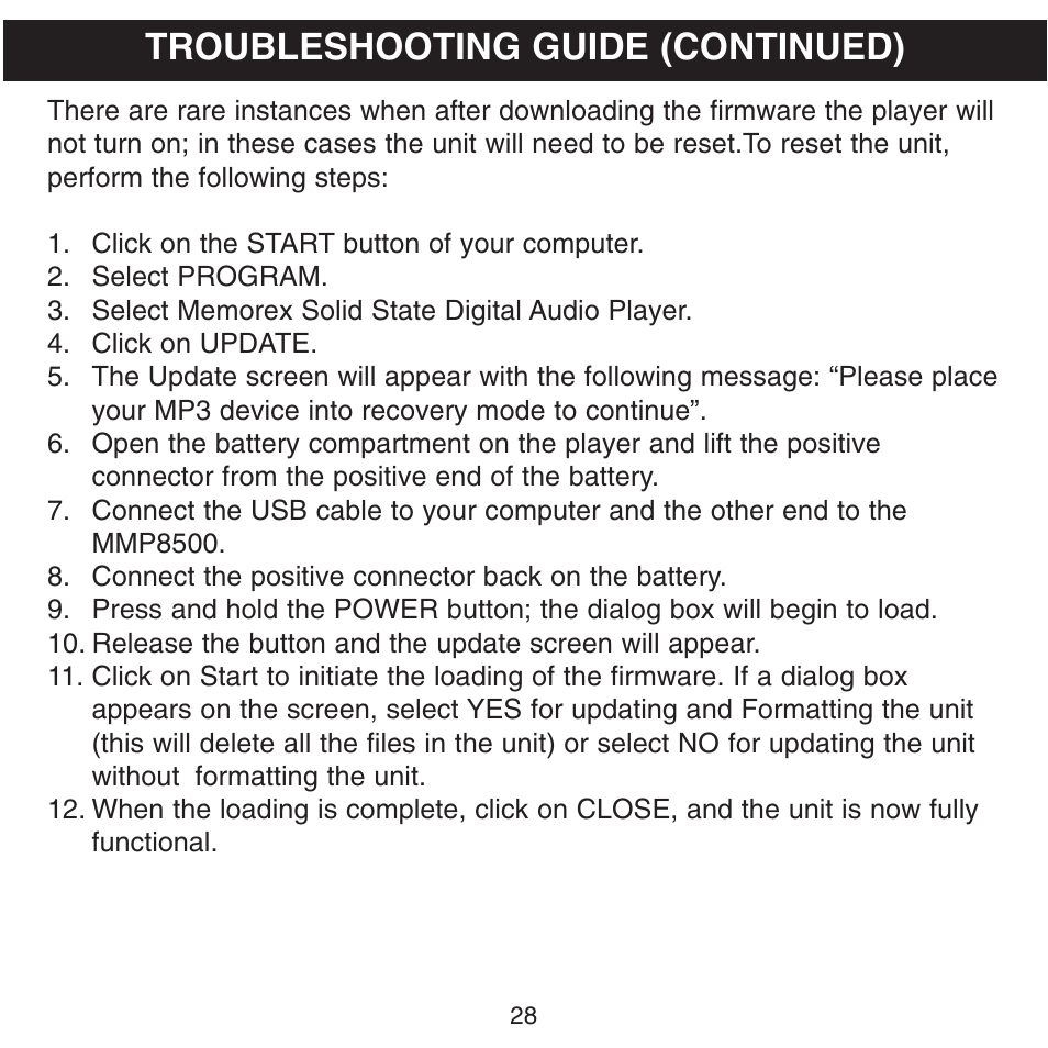 Troubleshooting guide (continued) | Memorex MMP8500 User Manual | Page 29 / 32