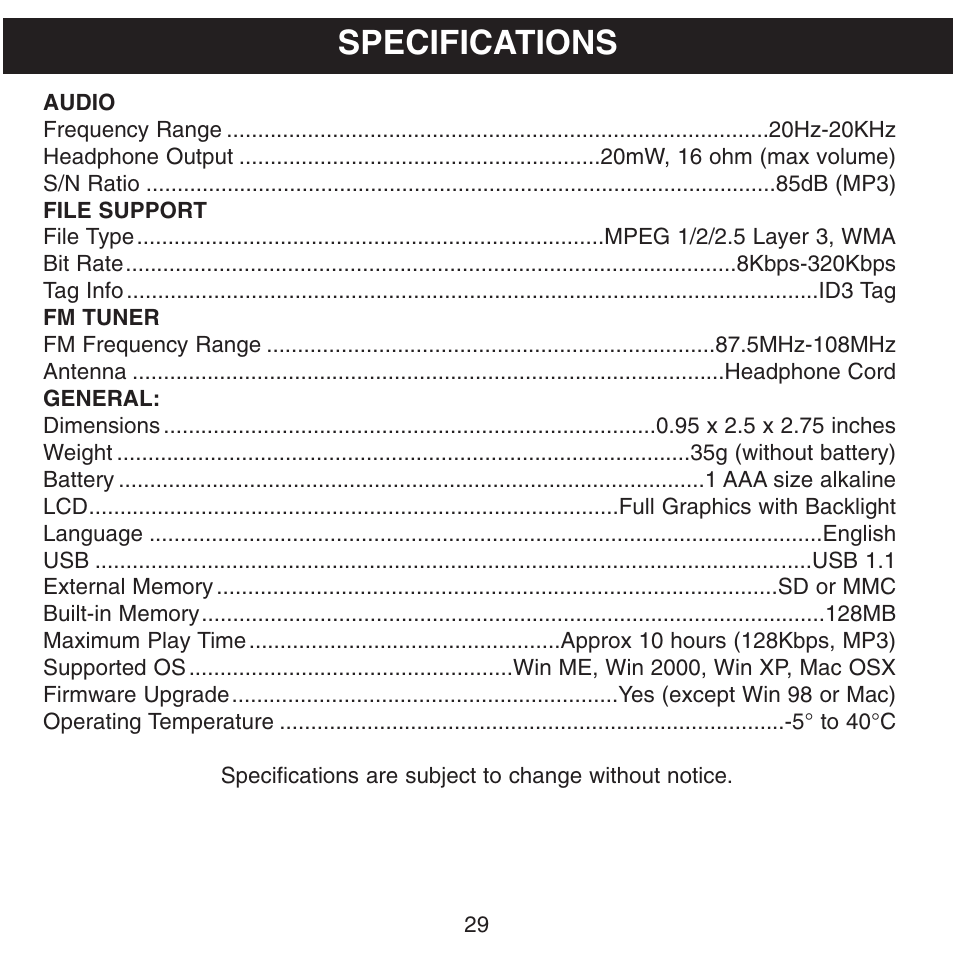 Specifications | Memorex MMP8500 User Manual | Page 30 / 32