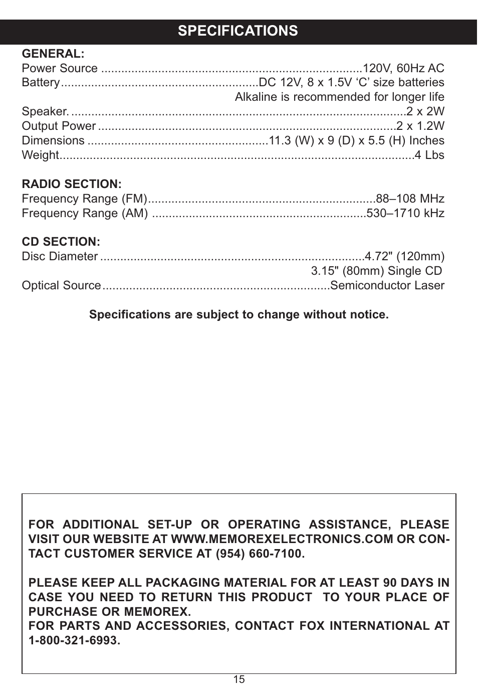 Specifications | Memorex MP3115 User Manual | Page 16 / 17