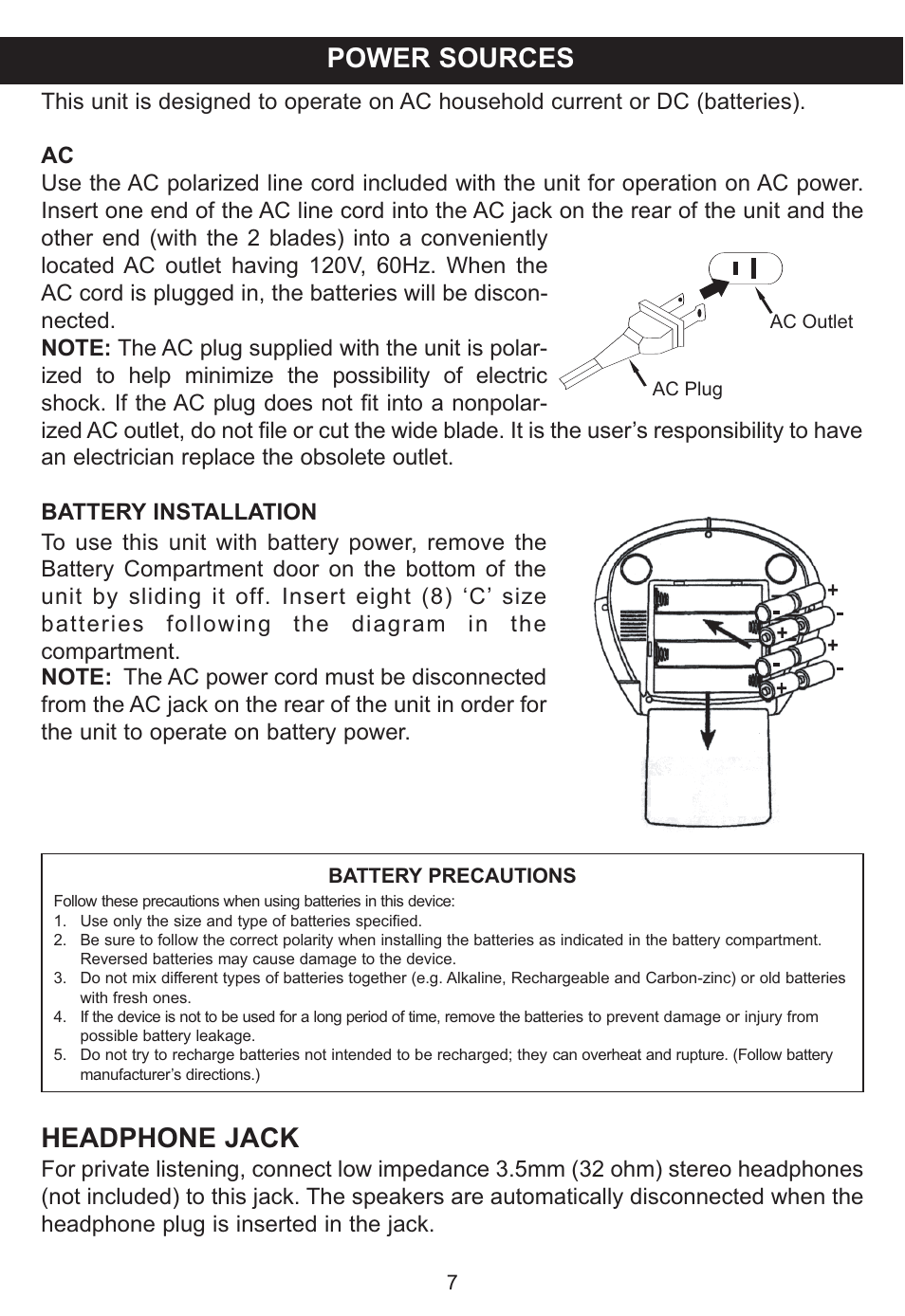 Power sources, Headphone jack | Memorex MP3115 User Manual | Page 8 / 17
