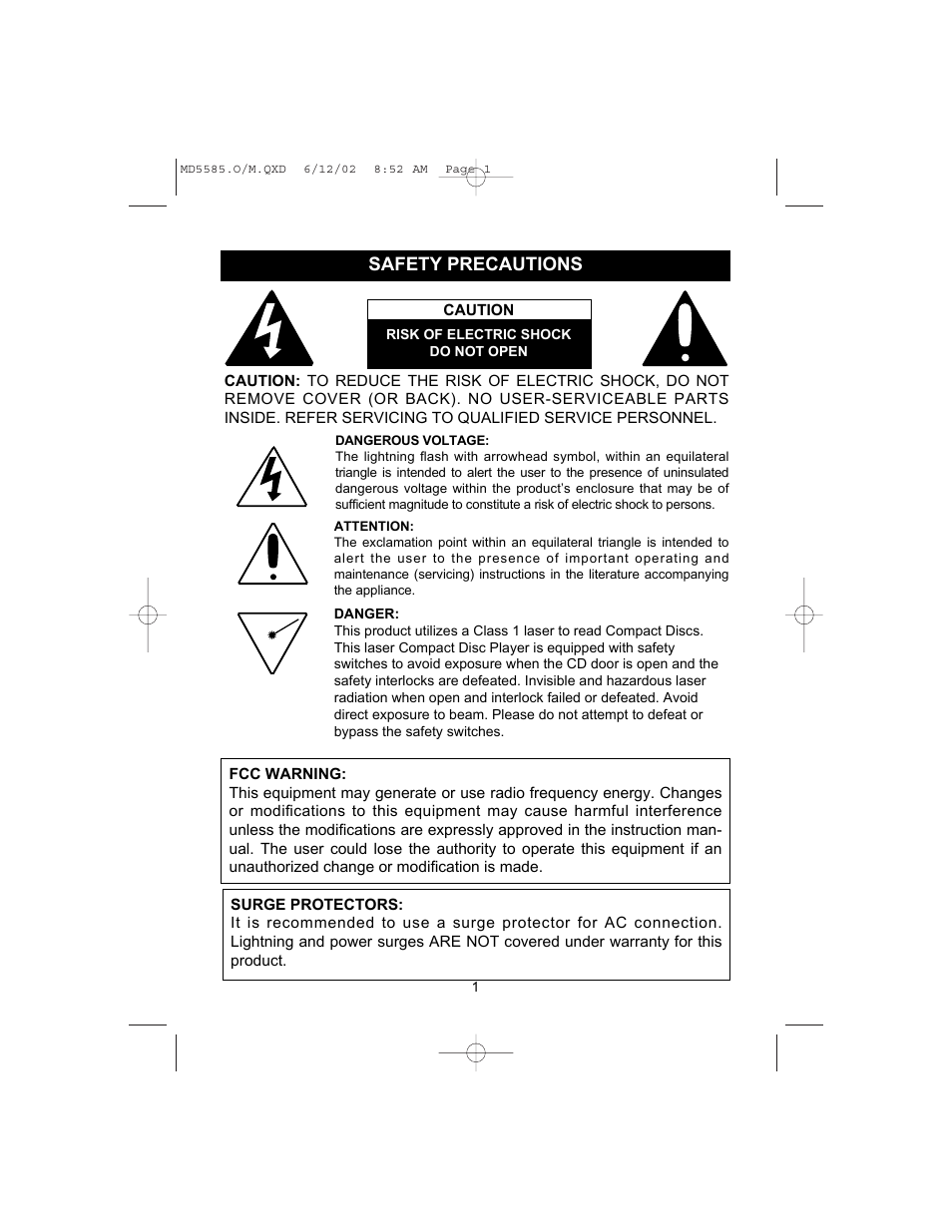 Safety precautions | Memorex MD5585 User Manual | Page 2 / 19