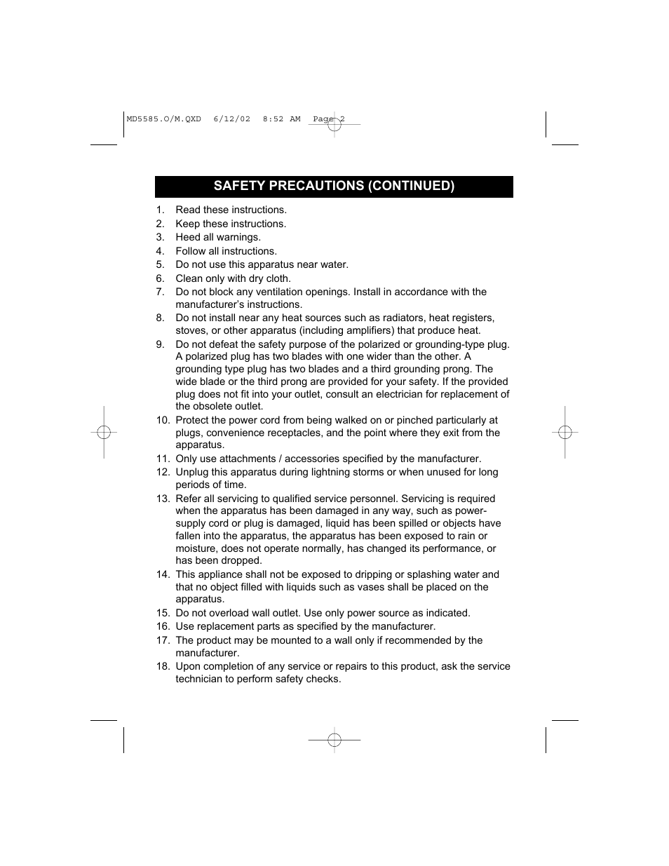 Safety precautions (continued) | Memorex MD5585 User Manual | Page 3 / 19