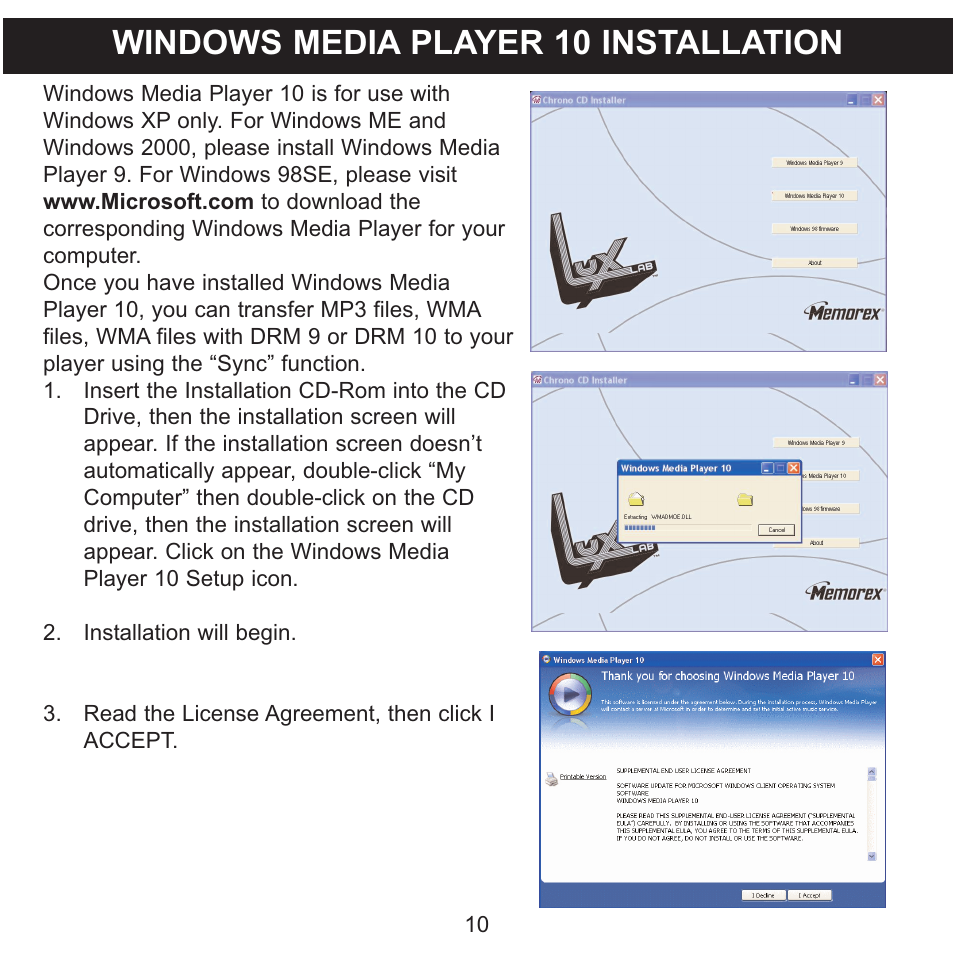 Windows media player 10 installation | Memorex MMP8550 User Manual | Page 11 / 29