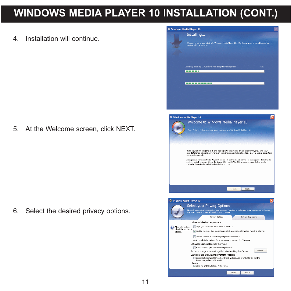 Windows media player 10 installation (cont.) | Memorex MMP8550 User Manual | Page 12 / 29