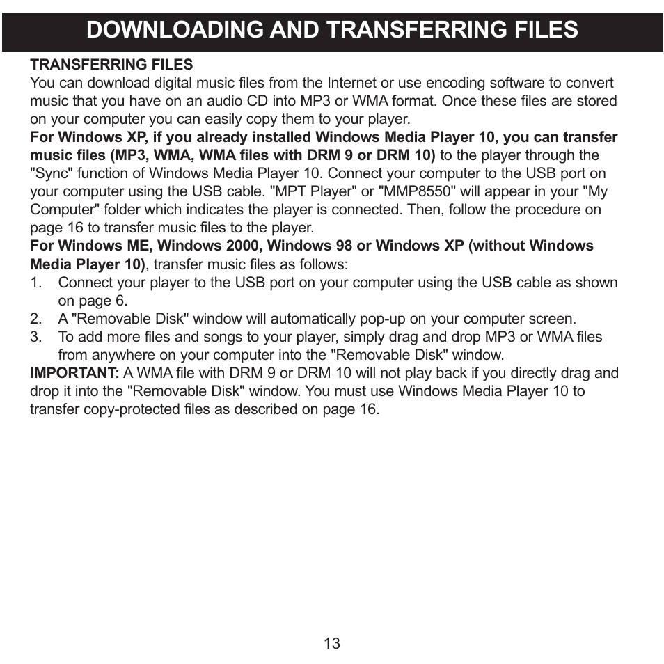 Downloading and transferring files | Memorex MMP8550 User Manual | Page 14 / 29