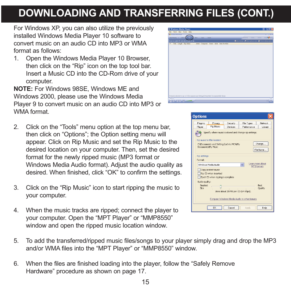 Downloading and transferring files (cont.) | Memorex MMP8550 User Manual | Page 16 / 29