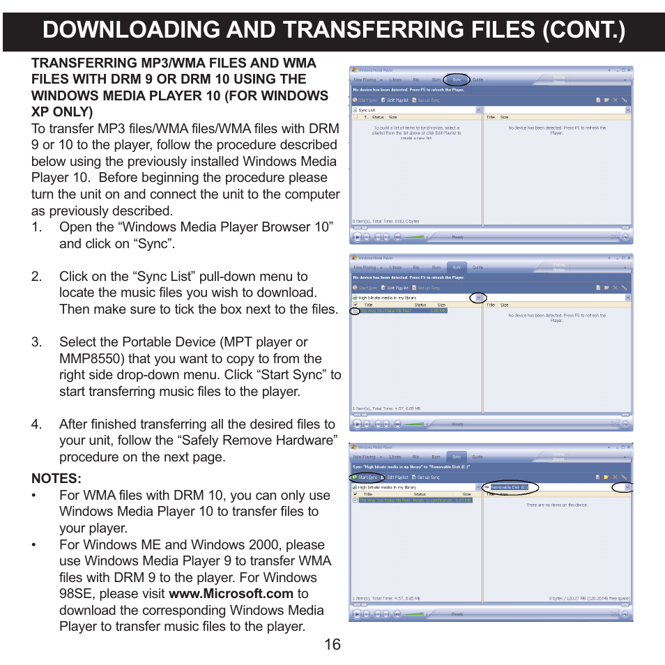 Downloading and transferring files (cont.) | Memorex MMP8550 User Manual | Page 17 / 29
