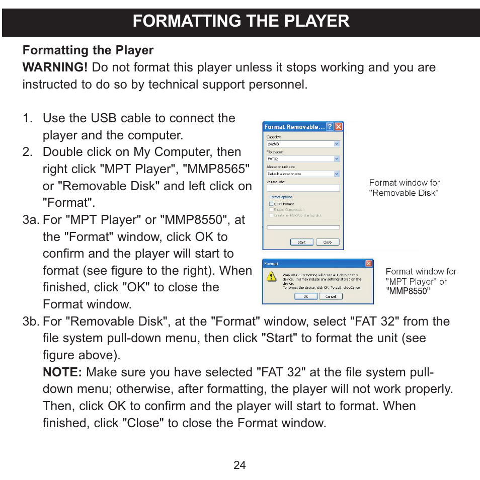 Formatting the player | Memorex MMP8550 User Manual | Page 25 / 29
