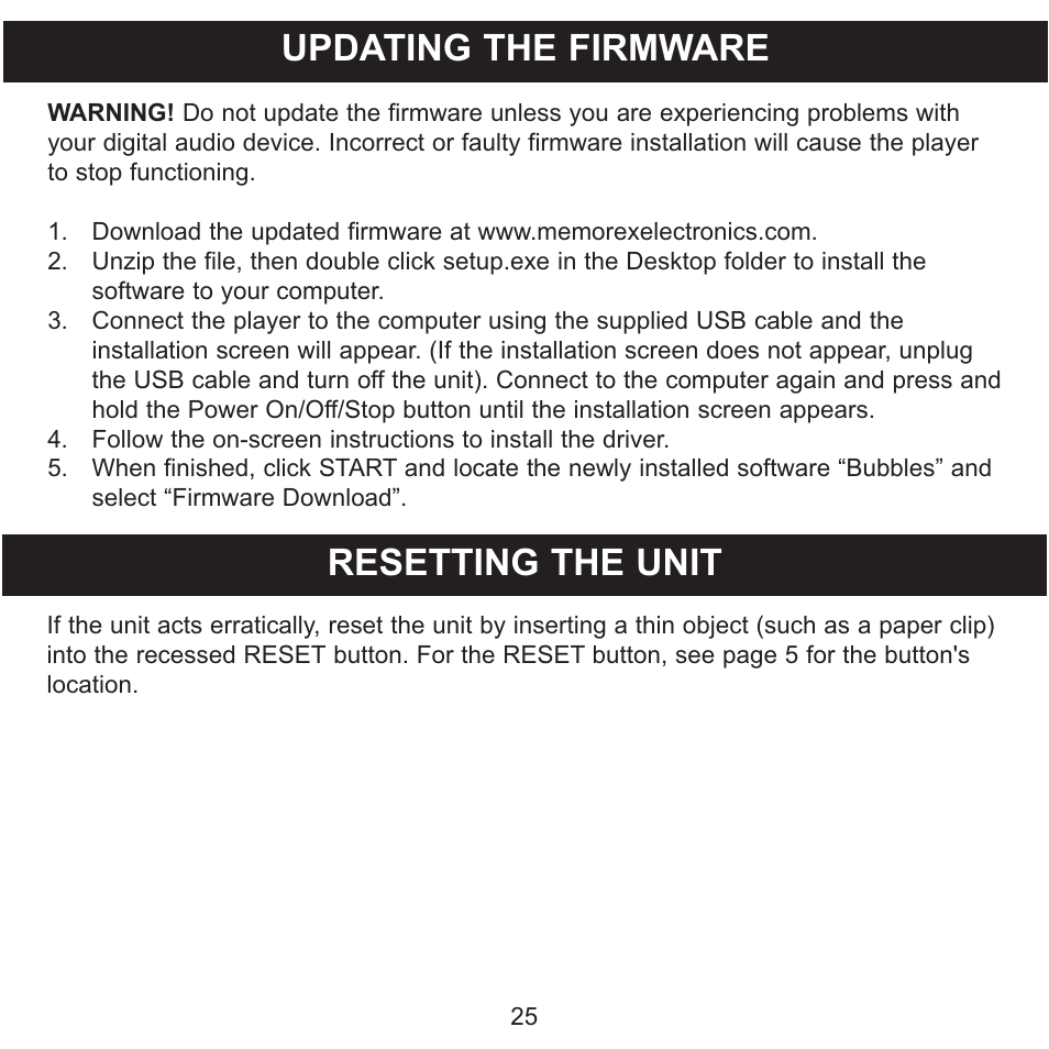 Updating the firmware, Resetting the unit | Memorex MMP8550 User Manual | Page 26 / 29