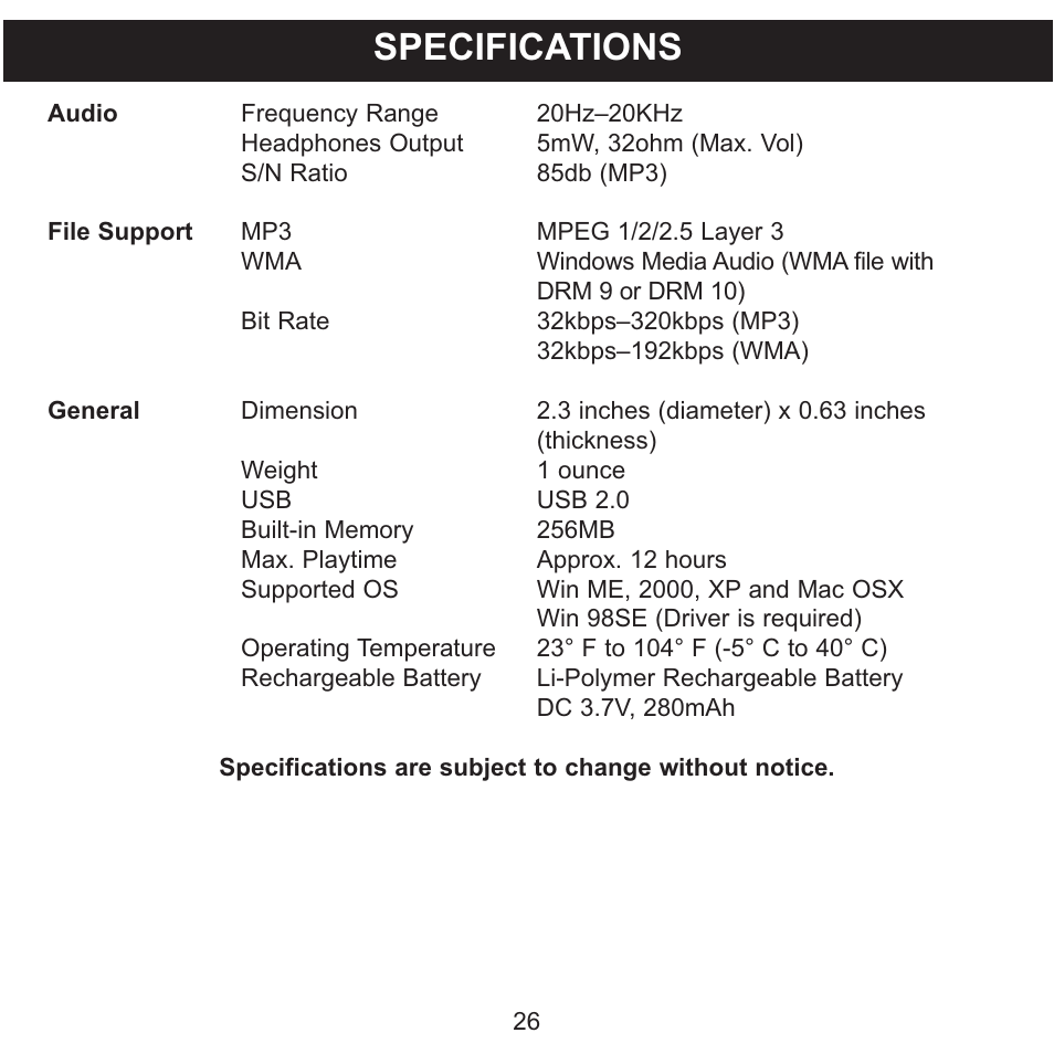 Specifications | Memorex MMP8550 User Manual | Page 27 / 29