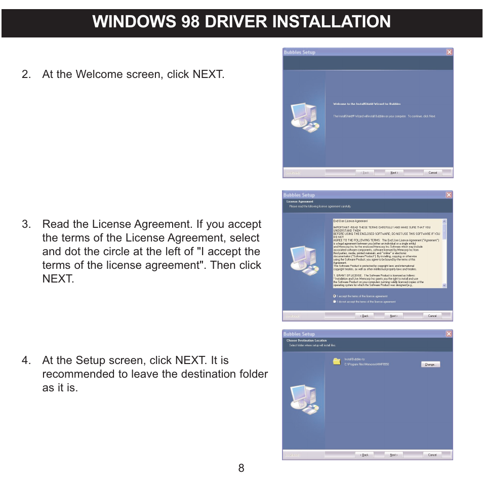 Windows 98 driver installation | Memorex MMP8550 User Manual | Page 9 / 29