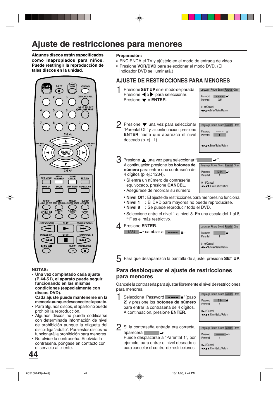 Ajuste de restricciones para menores | Memorex MVD4540B User Manual | Page 100 / 112