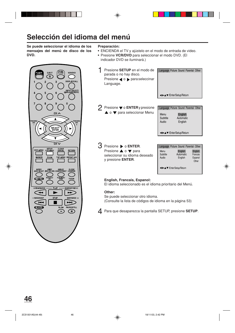 Selección del idioma del menú | Memorex MVD4540B User Manual | Page 102 / 112