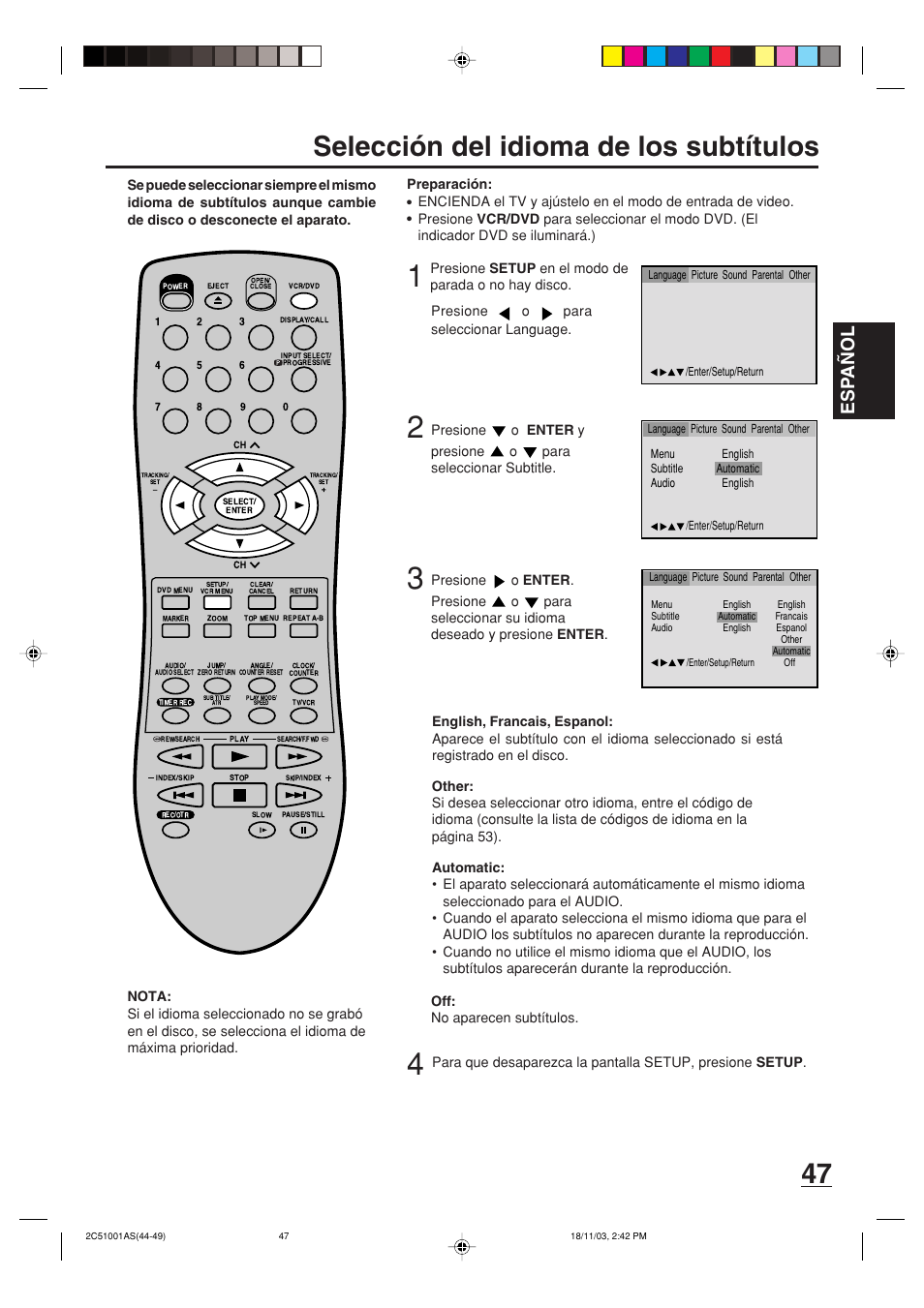 Selección del idioma de los subtítulos, Esp a ñ ol | Memorex MVD4540B User Manual | Page 103 / 112