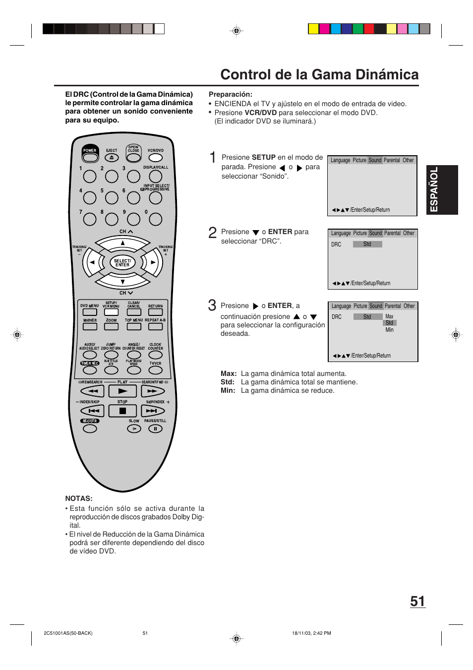 Control de la gama dinámica, Esp a ñ ol | Memorex MVD4540B User Manual | Page 107 / 112