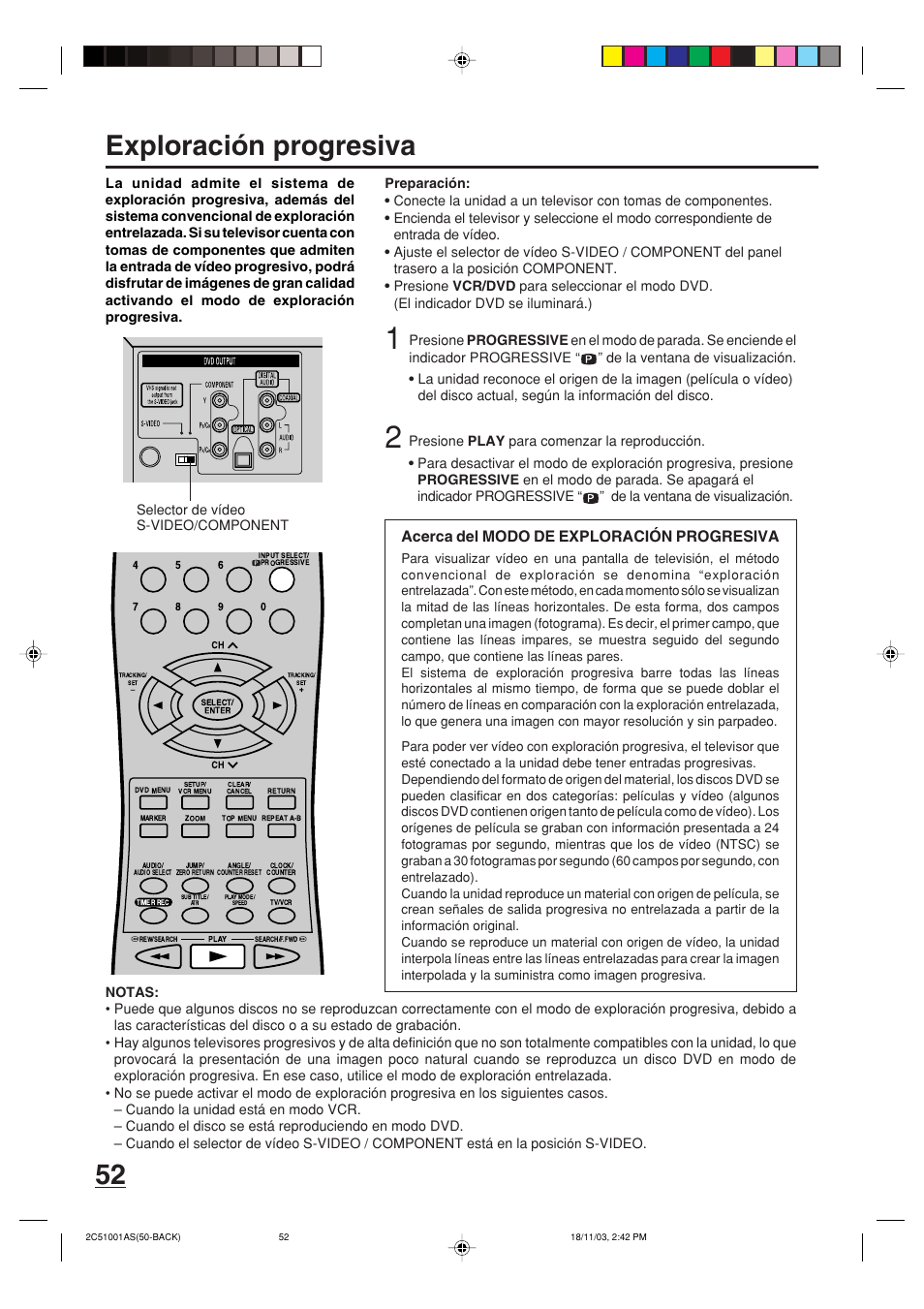 52 exploración progresiva, Acerca del modo de exploración progresiva | Memorex MVD4540B User Manual | Page 108 / 112