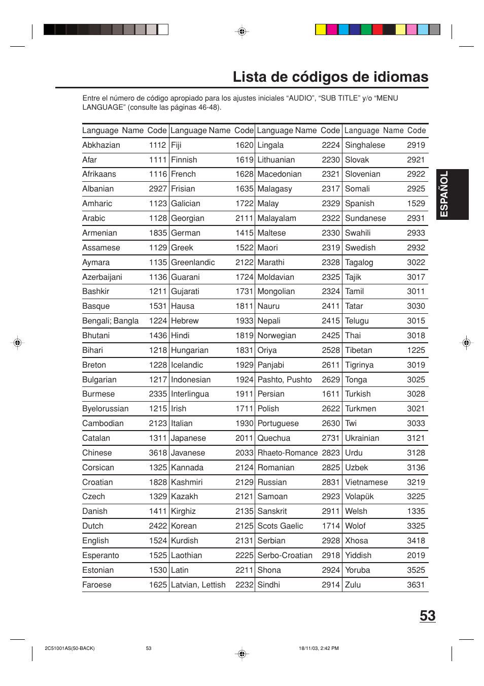 Lista de códigos de idiomas | Memorex MVD4540B User Manual | Page 109 / 112