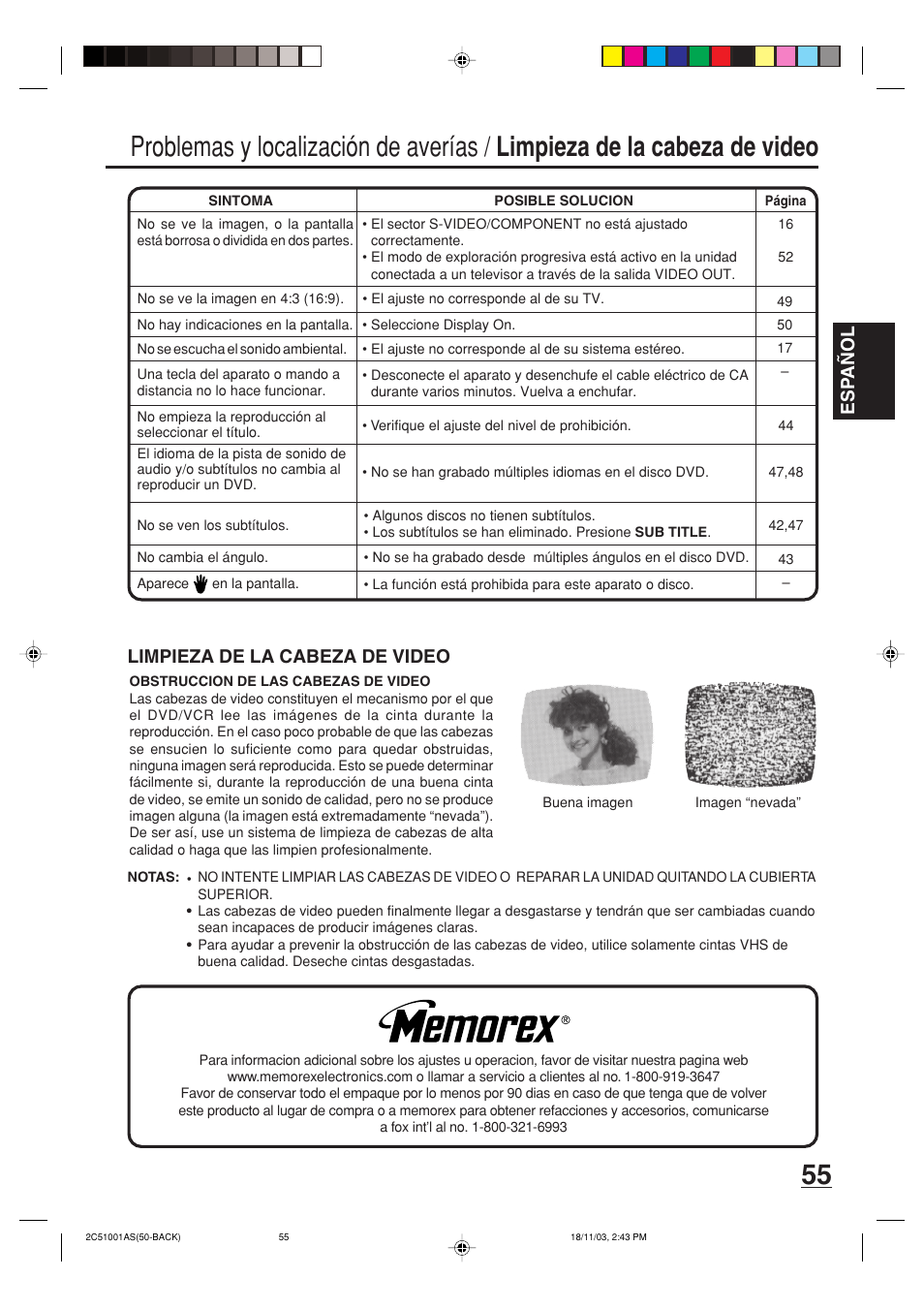 Esp a ñ ol, Limpieza de la cabeza de video | Memorex MVD4540B User Manual | Page 111 / 112