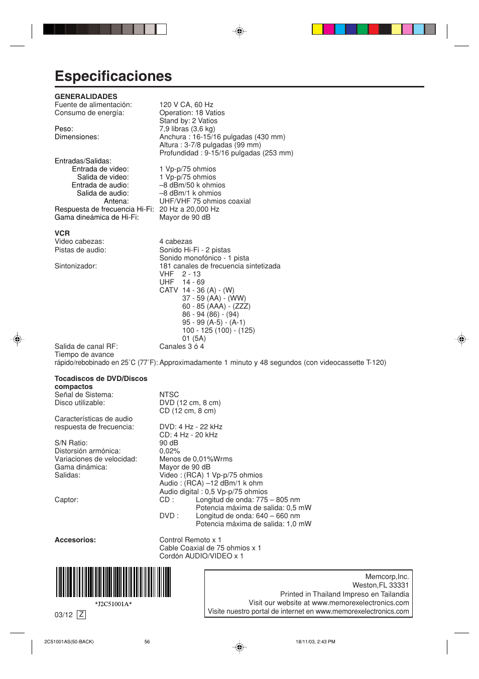 56 especificaciones | Memorex MVD4540B User Manual | Page 112 / 112
