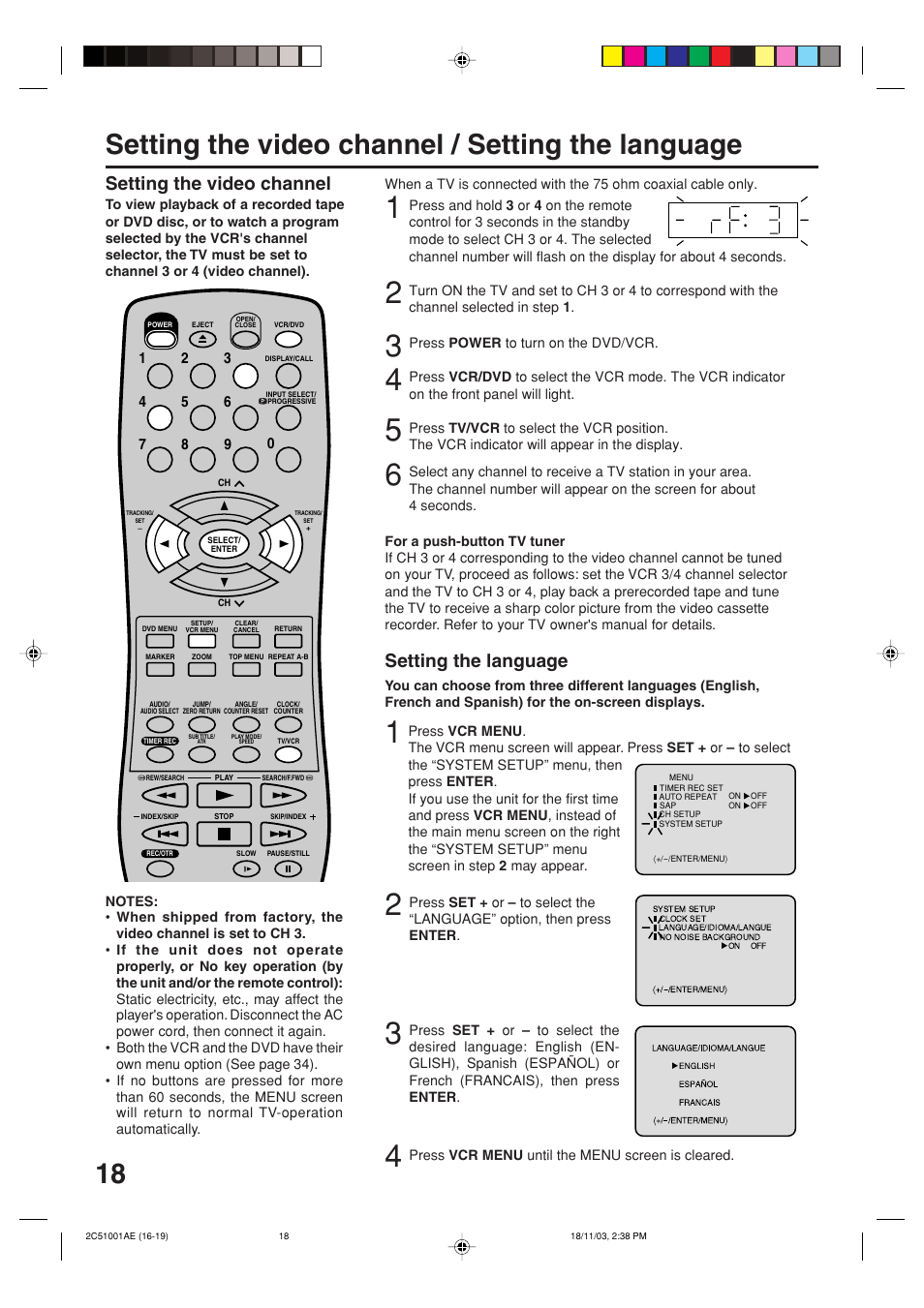 Setting the video channel / setting the language, Setting the video channel setting the language | Memorex MVD4540B User Manual | Page 18 / 112
