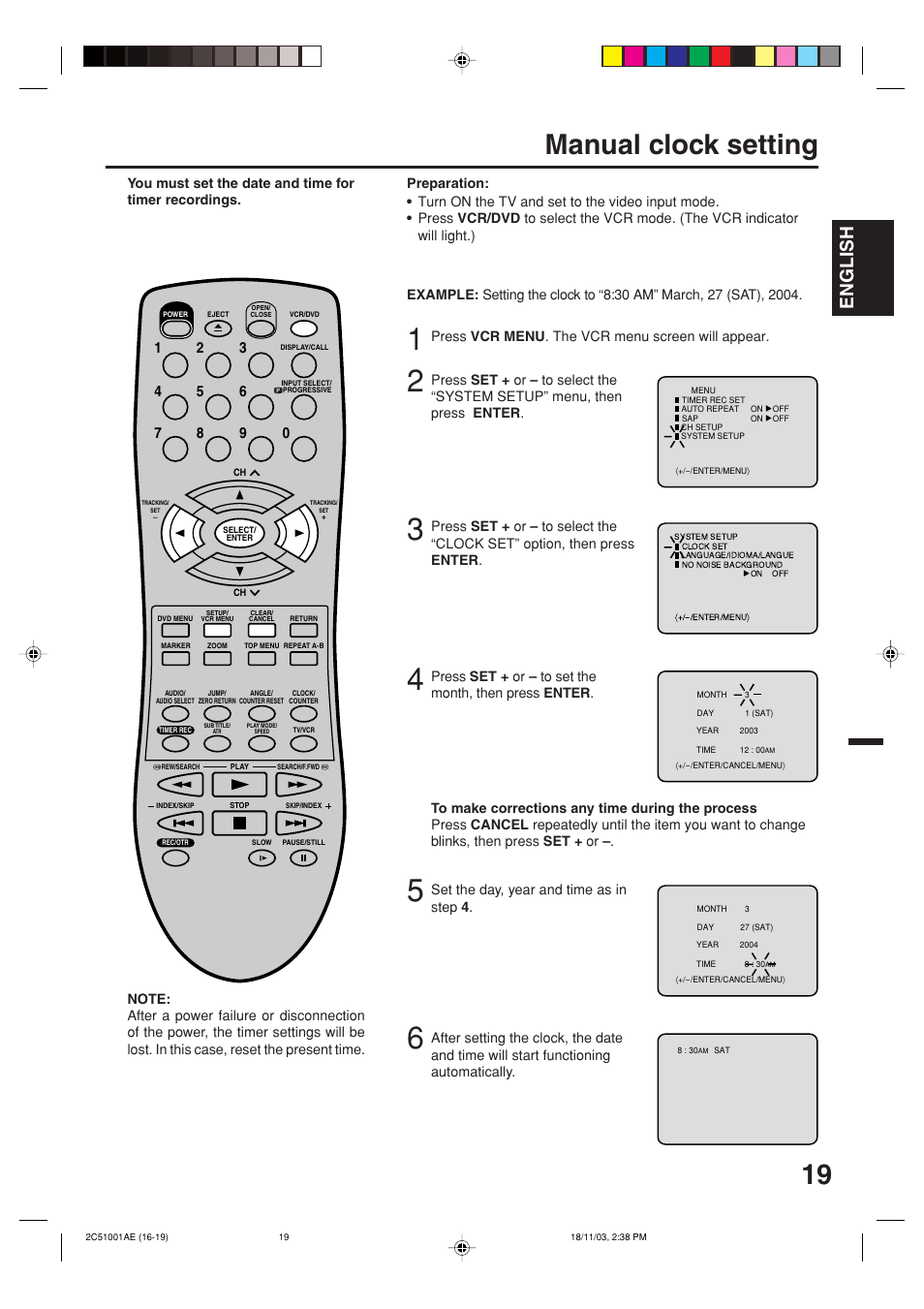 Manual clock setting, English, Press vcr menu . the vcr menu screen will appear | Set the day, year and time as in step 4 | Memorex MVD4540B User Manual | Page 19 / 112