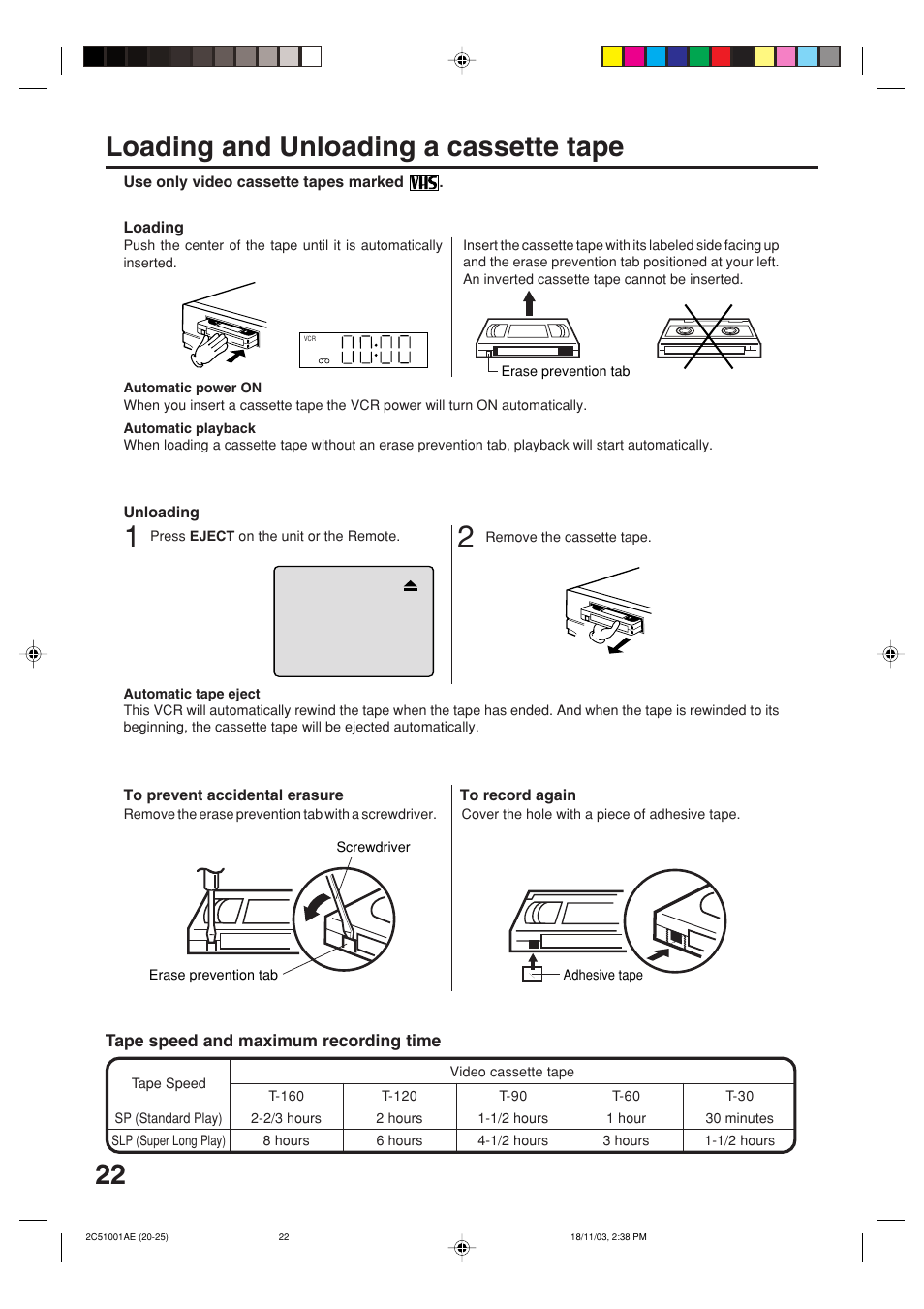 Loading and unloading a cassette tape | Memorex MVD4540B User Manual | Page 22 / 112