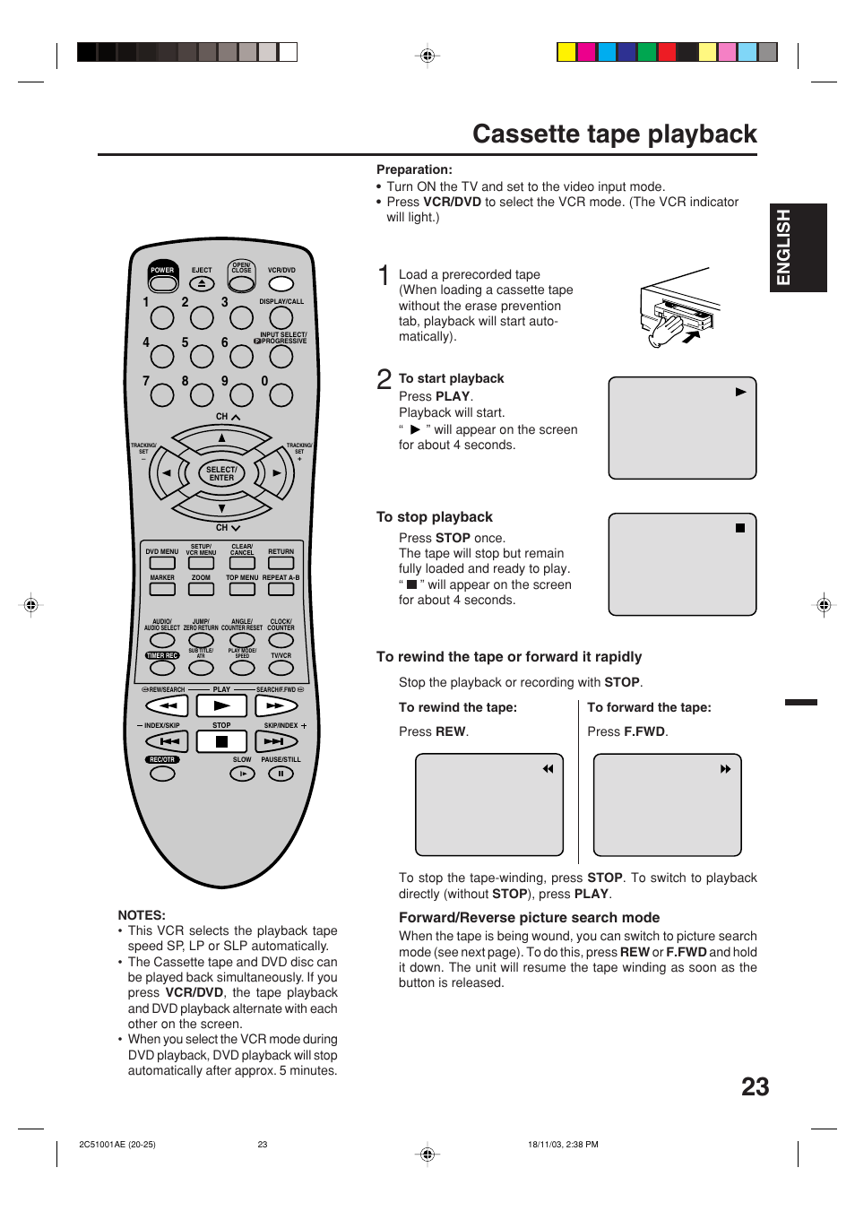 Cassette tape playback, English, Forward/reverse picture search mode | Memorex MVD4540B User Manual | Page 23 / 112