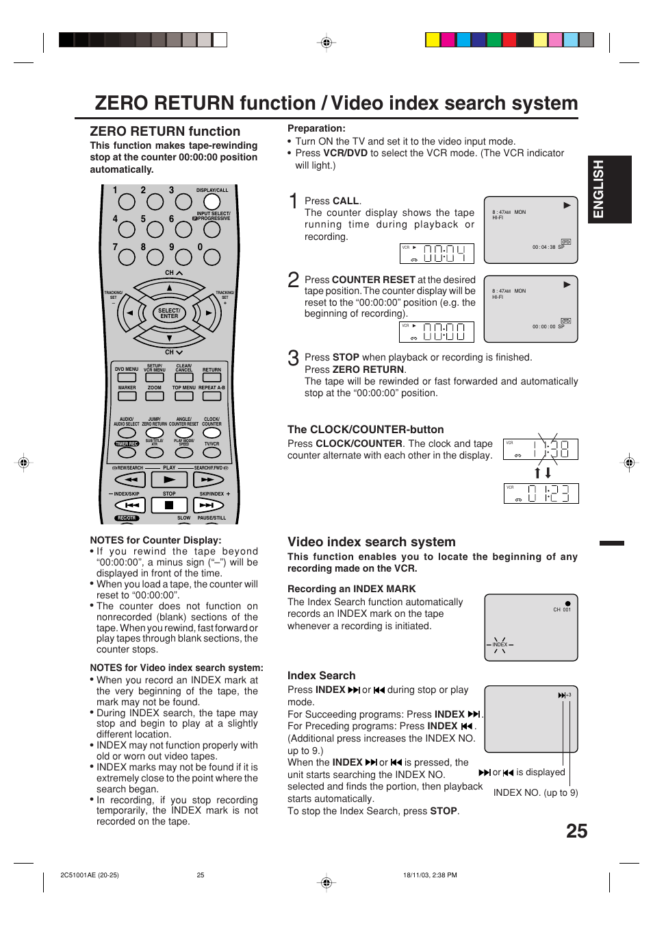 Zero return function / video index search system, English, Zero return function | Video index search system, The clock/counter-button, Index search | Memorex MVD4540B User Manual | Page 25 / 112