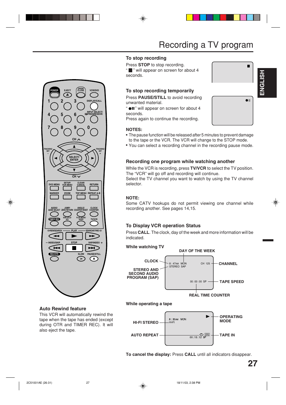 Recording a tv program, English, Auto rewind feature | Recording one program while watching another, While operating a tape | Memorex MVD4540B User Manual | Page 27 / 112