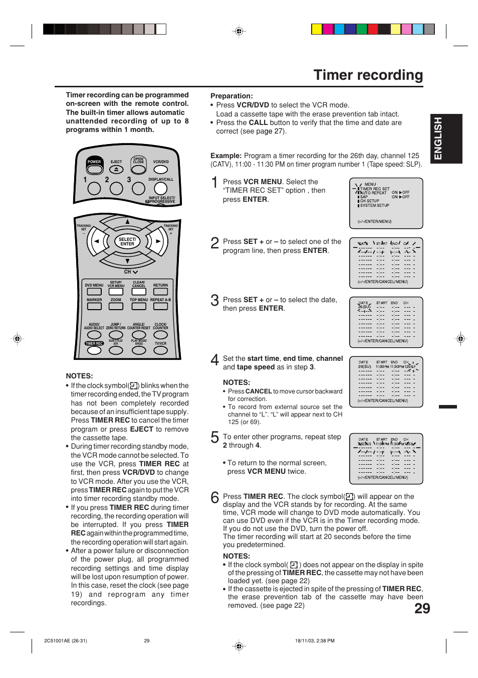 Timer recording, English | Memorex MVD4540B User Manual | Page 29 / 112