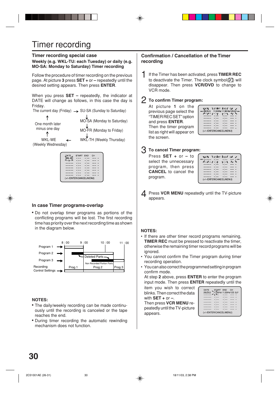 30 timer recording, Timer recording special case, Confirmation / cancellation of the timer recording | Memorex MVD4540B User Manual | Page 30 / 112