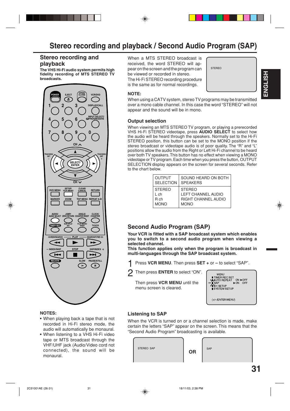 English, Stereo recording and playback, Second audio program (sap) | Output selection, Listening to sap or | Memorex MVD4540B User Manual | Page 31 / 112