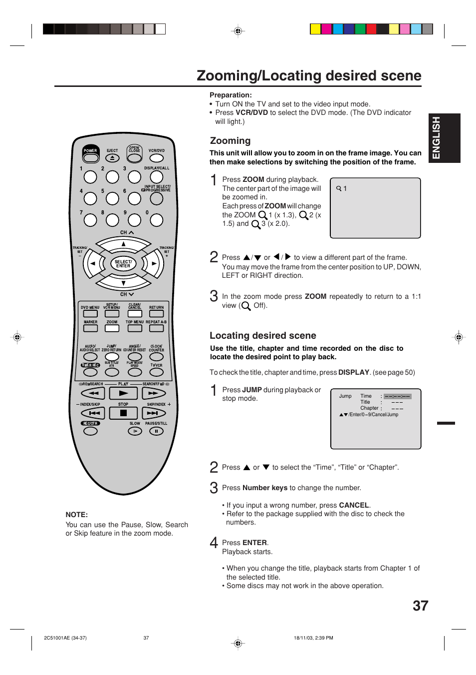 Zooming/locating desired scene, English, Zooming | Locating desired scene | Memorex MVD4540B User Manual | Page 37 / 112