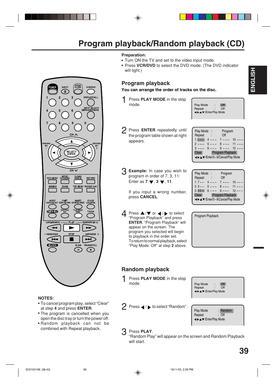 Program playback/random playback (cd), English, Program playback | Random playback | Memorex MVD4540B User Manual | Page 39 / 112