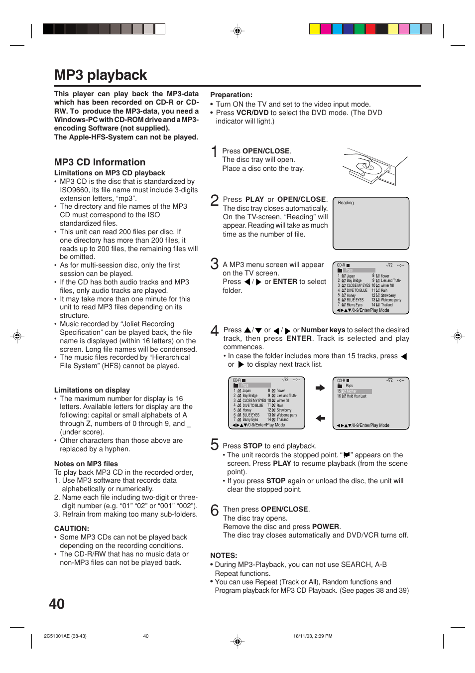 Mp3 playback, Mp3 cd information | Memorex MVD4540B User Manual | Page 40 / 112