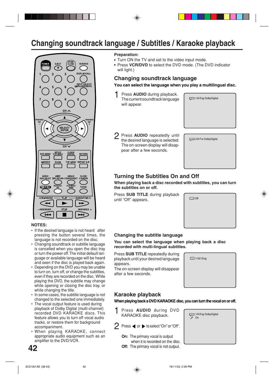 Changing soundtrack language, Turning the subtitles on and off, Karaoke playback | Changing the subtitle language | Memorex MVD4540B User Manual | Page 42 / 112
