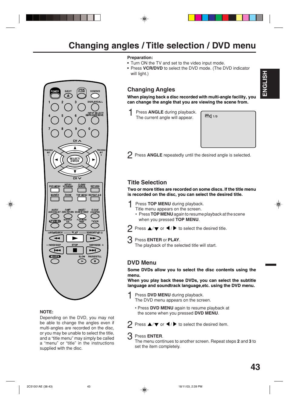 Changing angles / title selection / dvd menu, English, Changing angles | Title selection, Dvd menu | Memorex MVD4540B User Manual | Page 43 / 112