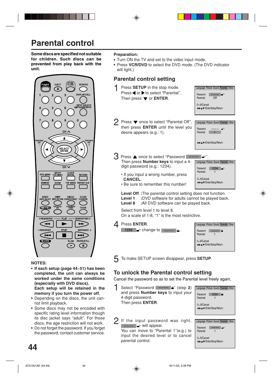 44 parental control, Parental control setting | Memorex MVD4540B User Manual | Page 44 / 112