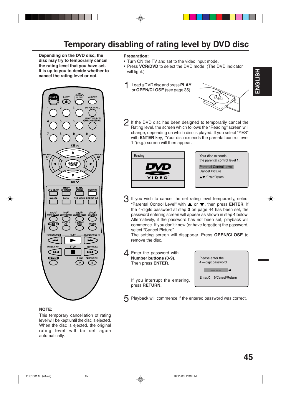 Temporary disabling of rating level by dvd disc, English | Memorex MVD4540B User Manual | Page 45 / 112