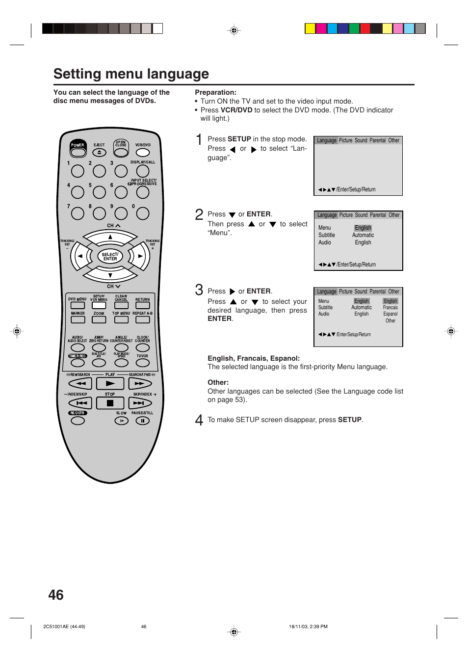 Setting menu language | Memorex MVD4540B User Manual | Page 46 / 112