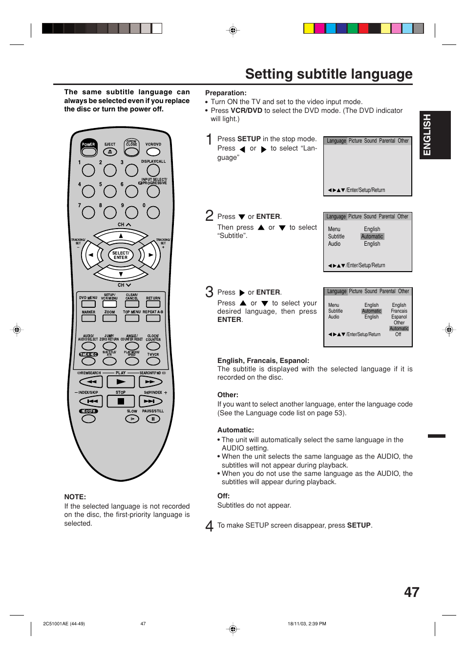 Setting subtitle language, English | Memorex MVD4540B User Manual | Page 47 / 112