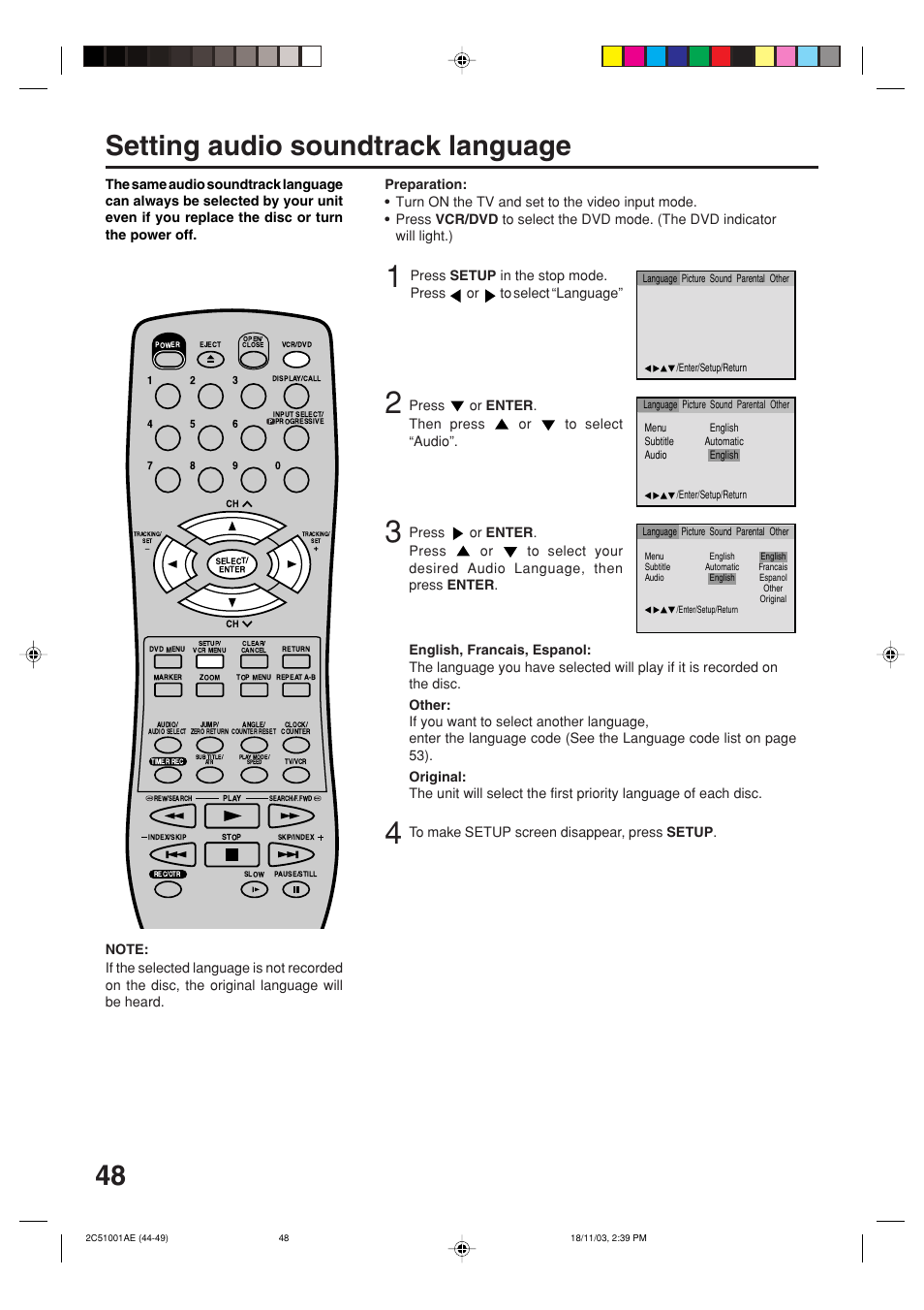 Setting audio soundtrack language | Memorex MVD4540B User Manual | Page 48 / 112